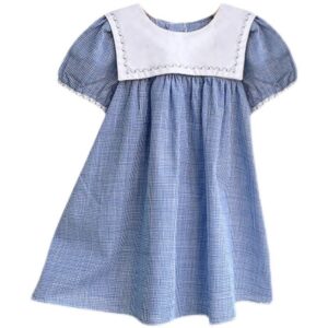 Kids Toddler Girls Summer Fashion Casual Cute Preppy Plaid Round Neck Puff Sleeve Dress