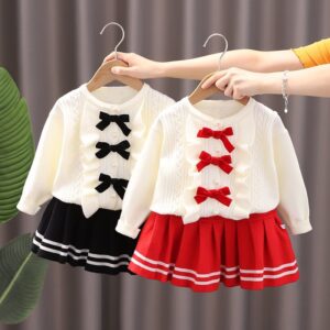 Kids Toddler Girls Autumn Winter Fashion Casual Simple Solid Color Bow Sweater Pleated Skirt Set
