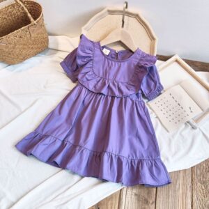 Kids Toddler Girls Summer Fashion Casual Cute Solid Color Round Neck Puff Sleeve Flounce Dress