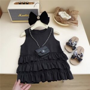 Kids Toddler Girls Summer Fashion Casual Cute Solid Color Crease Round Neck Sleeveless Dress