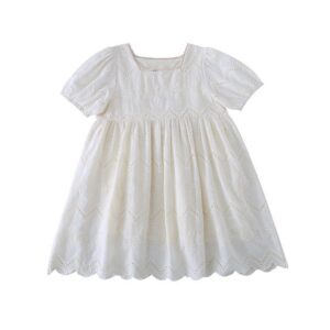 Kids Toddler Girls Summer Fashion Casual Cute Solid Color Crease Square Neck Puff Sleeve Hollow Out Dress
