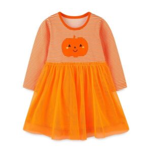 Kids Toddler Girls Spring Autumn Casual Cute Striped Pumpkin Pattern Long Sleeve Round Neck Mesh Dress