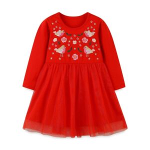 Kids Toddler Girls Spring Autumn Fashion Casual Cute Solid Color Bird Flower Embroidered Long Sleeve Round Neck Mesh Dress