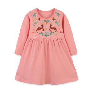 Kids Toddler Girls Spring Autumn Fashion Casual Cute Solid Color Cartoon Fawn Bird Embroidered Round Neck Long Sleeve Dress