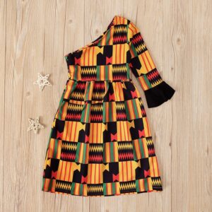 Kids Toddler Girls Spring Autumn Fashion Casual Color Matching Geometric Bohemian Strapless One-Sleeve Dress