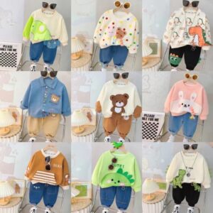 Kids Toddler Boys Girls Spring Autumn Fashion Casual Cute Color Matching Cartoon Bear Dinosaur Elephant Rabbit Long Sleeve Sweatshirts Jeans Set