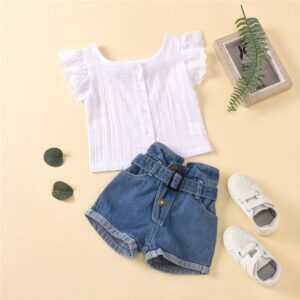 Girls Lace Design Single-breasted Tops And Denim Shorts Set