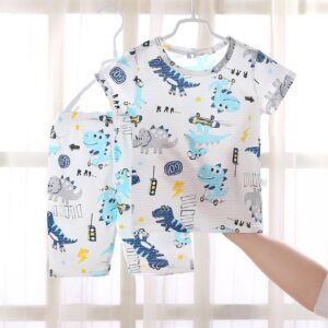 Kids Toddler Girls Boys Summer Cute Cotton Monkey Watermelon Dinosaur Car Tiger Cartoon Pattern Round Neck Two-Piece Set