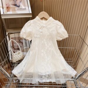 Kids Toddler Girls Summer Elegant Sweet Solid Color Hollow Pattern Cheongsam Short-Sleeved Dress