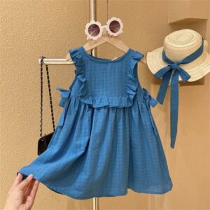 Kids Toddler Girls Summer Fashion Pastoral Solid Color Plaid Sleeveless Round Neck Dress