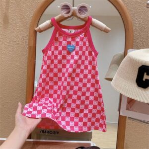 Kids Toddler Girls Summer Fashion Sweet Solid Color Plaid Smiley Pattern Sleeveless Dress