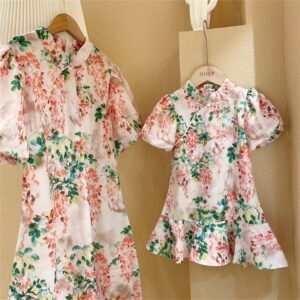 Kids Toddler Girls Summer Sweet Pastoral Floral Pointed Collar Cheongsam Dress