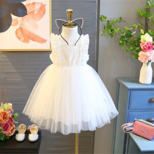 Kids Toddler Girls Summer Cute Solid Color Mesh Square Neck Princess Dress