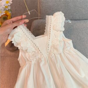 Kids Toddler Girls Summer Cute Solid Color Lace Thin V Neck Princess Dress