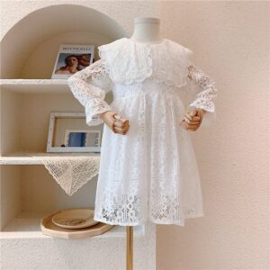 Kids Toddler Girls Summer Cute Solid Color Ruffled Large Lapel Long Sleeve Round Neck Princess Dress