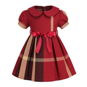 Kids Toddler Girls Summer Fashion Bow Lapel Plaid Short Sleeve Princess Dress