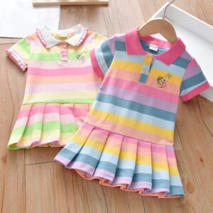 Kids Toddler Girls Summer Preppy Rainbow Striped Pleated Skirt Lapel Dress