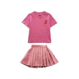 2pcs/set Girls Plaid Skirt Fruit Print T-Shirt Set