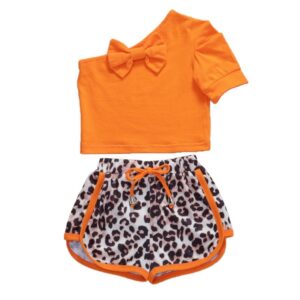 2pcs/set Girl One-shoulder Short Sleeve Leopard Shorts Set