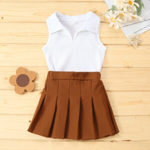 Children Kids Toddler Girls Sleeveless Lapel Open Chest And Pleated Skirt 2pcs Set