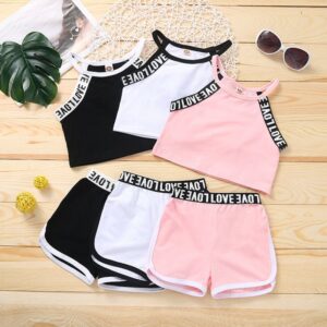 Children Kids Baby Fashion Girls Casual Basic Long Sleeve Letter Print Thin Top And Shorts 2pcs Set