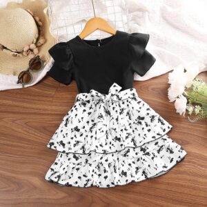 Children Kids Baby Fashion Girls Casual Basic Short Sleeve Solid Color Ruffle Top And Flower Print Skirt 2pcs Set