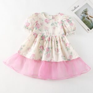 Children Kids Baby Fashion Girls Short Sleeve Flower Print Stitching Dress