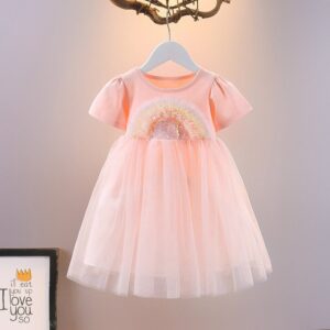 Children Kids Baby Fashion Girls Short Sleeve Rainbow Mesh Princess Dress