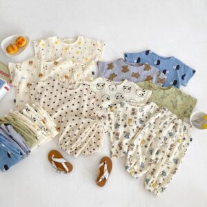 Children Kids Baby Fashion Girls Boys Casual Basic Short Sleeve Cartoon Print Short Sleeve T-Shirt And Pants 2pcs Set