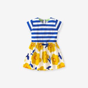 Children Kids Baby Fashion Girls Stripe Flower Print Short Sleeve Dress