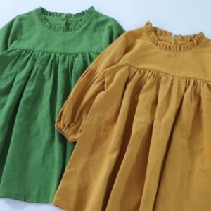 Girls Basic Stringy Selvedge Round Neck Long Sleeve Solid Color Casual Dress