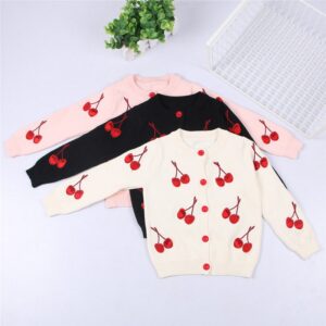 Children Kids Baby Fashion Girls Casual Basic Long Sleeve Cherry Knitted Cardigan Coat