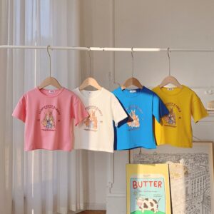 Children Kids Baby Fashion Girls Casual Basic Cartoon Bunny Print Short Sleeve Round Neck T-Shirt