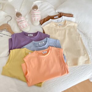 Children Kids Baby Fashion Girls Casual Basic Solid Color Sleeveless Round Neck T-Shirt