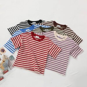 Children Kids Baby Fashion Girls Boys Casual Basic Stripe Print Short Sleeve Round Neck T-Shirt
