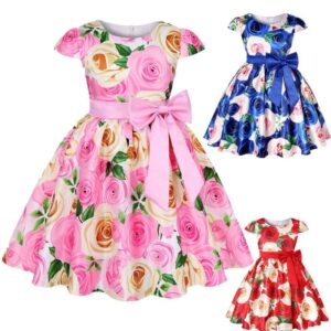Children Kids Baby Fashion Girls Princess Short Sleeve Flower Print Bowknot Party Dress
