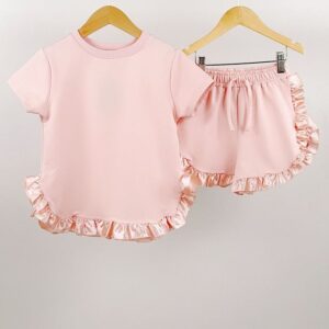 Children Kids Baby Fashion Girls Short Sleeve Casual Basic Solid Color Ruffle T-Shirt And Shorts 2pcs Set