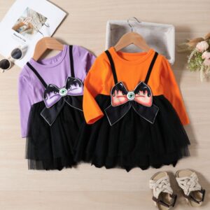 Children Kids Baby Fashion Girls Halloween Long Sleeve Cartoon Bowknot Mesh Tutu Princess Dress