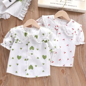 Children Kids Baby Fashion Girls Short Sleeve Cartoon Heart Print Casual Lapel Shirt