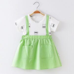 Children Kids Baby Fashion Girls Short Sleeve Bunny Print Patchwork Dress