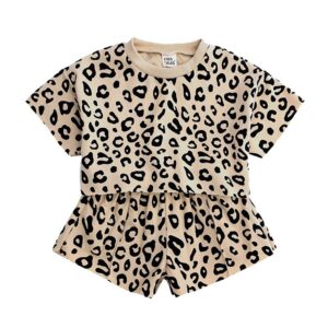 Children Kids Baby Fashion Girls Casual Basic Short Sleeve Leopard Print T-Shirt And Shorts 2pcs Set