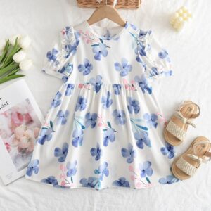 Children Kids Baby Fashion Girls Short Sleeve Flower Print Princess Dress