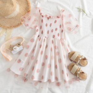 Children Kids Baby Fashion Girls Short Sleeve Strawberry Print Mesh Princess Dress