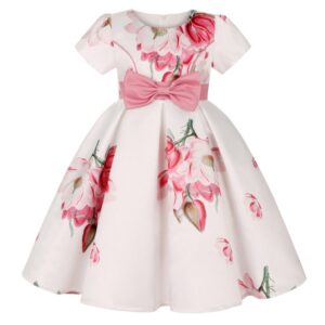 Children Kids Baby Fashion Girls Short Sleeve Retro Flower Print Bow Princess Festival Party Dress