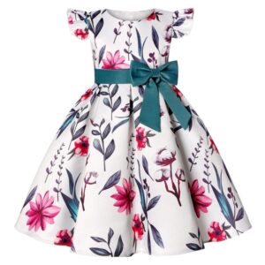 Children Kids Baby Fashion Girls Ruffle Sleeve Retro Flower Print Bow Princess Festival Party Dress