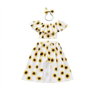 3 Pcs Girls Ruffled Sunflower Print Tops And Swallowtail Skirt And Headwear Set