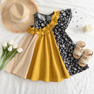Children Kids Baby Fashion Girls Ruffle Sleeve Flower Print Color-Blocking Princess Dress