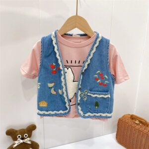 Children Kids Baby Fashion Girls Sleeveless Embroidered Denim Jacket