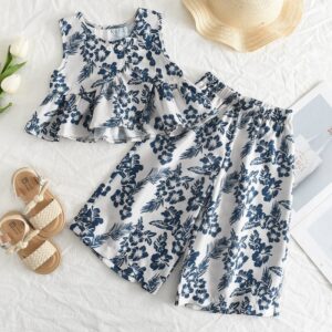 Children Kids Baby Fashion Girls Sleeveless Flower Print Top And Wide-Leg Pants 2pcs Set