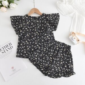 Children Kids Baby Fashion Girls Ruffle Sleeve Flower Printed Top And Shorts 2pcs Set